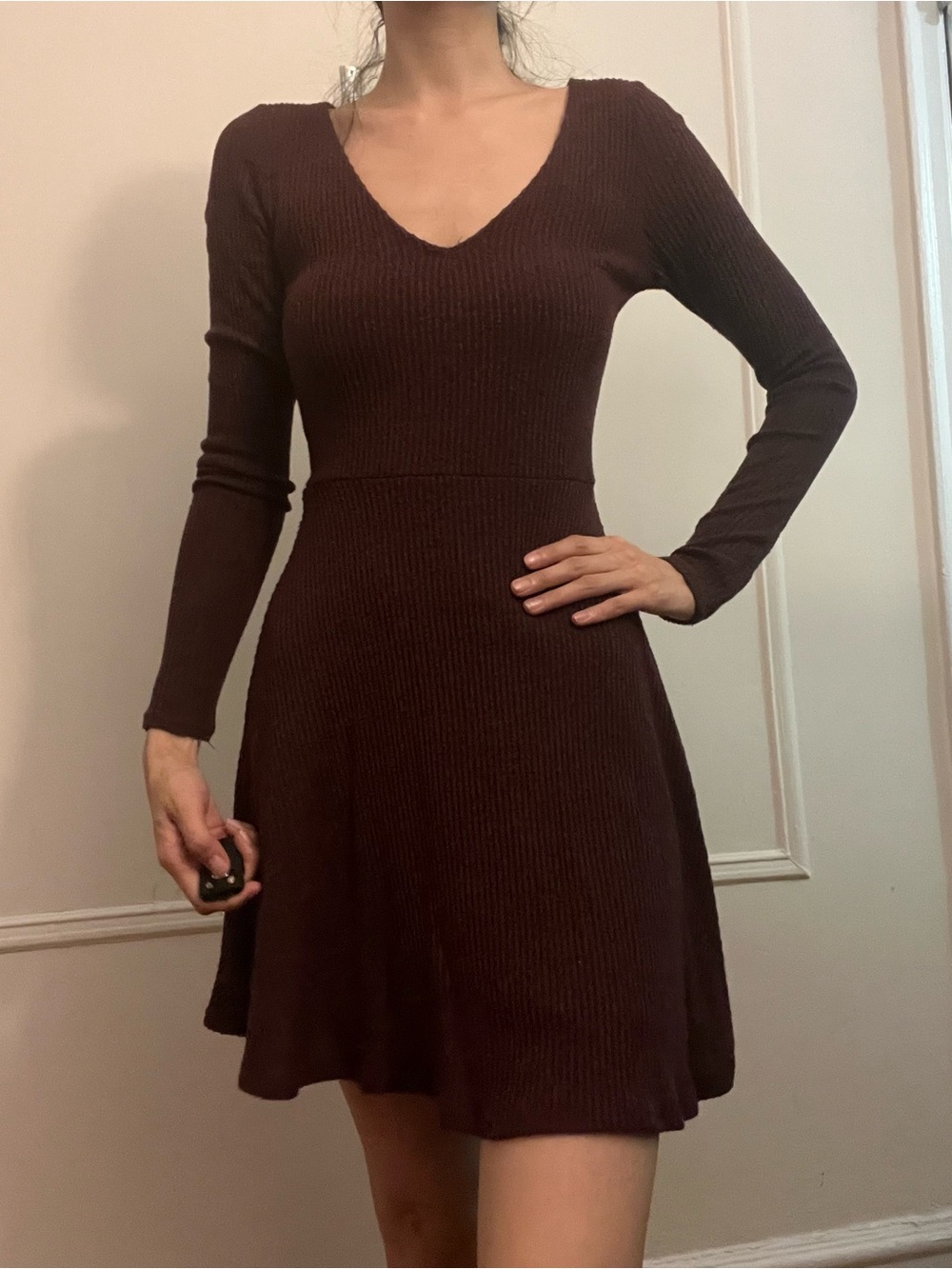 Hollister Ribbed V-Neck Long Sleeve Fit-and-Flare Dress in Burgandy